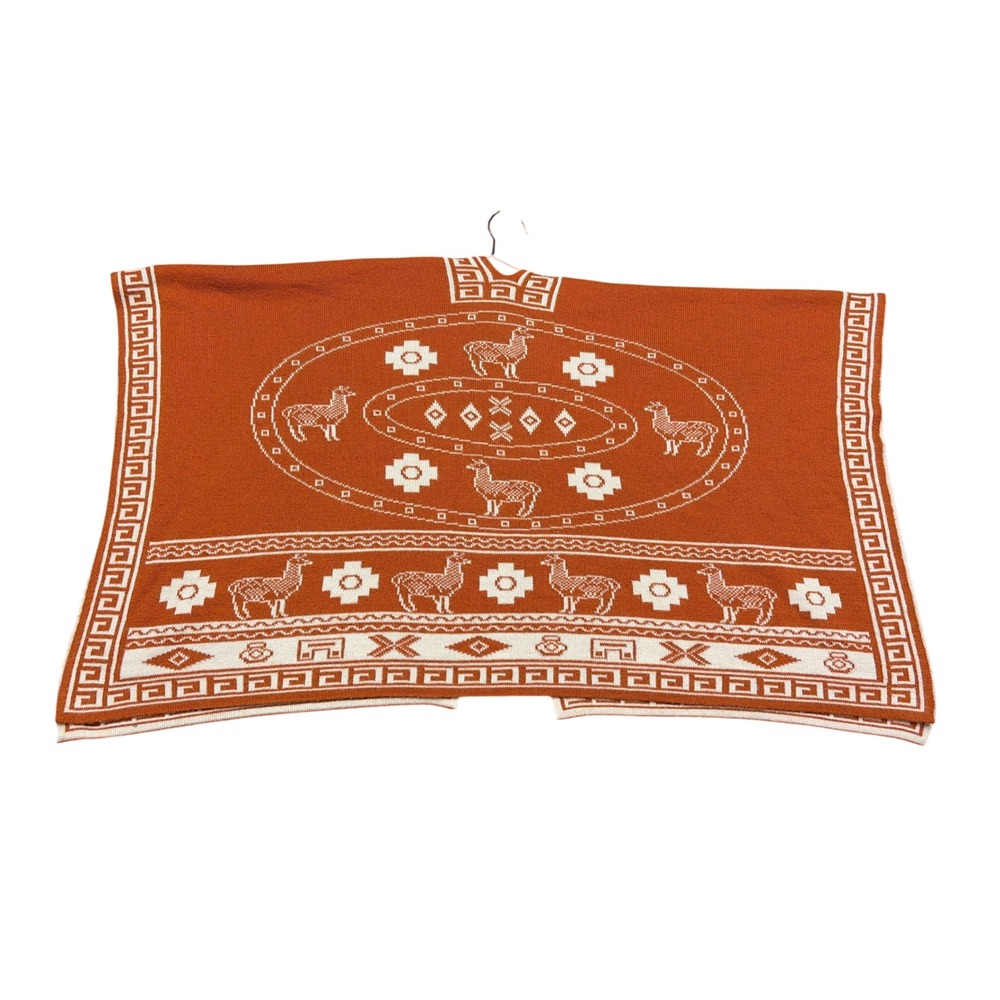 Peruvian Alpaca Wool Poncho OS Orange Llama Geometric Reversible Knit Wrap Boho